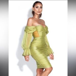 Miss Circle Olive Pleated Off Shoulder Balloon Sleeve Dress Size Medium